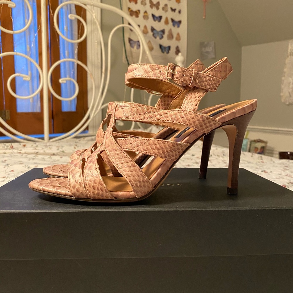 ann taylor tan snakeskin strappy heels